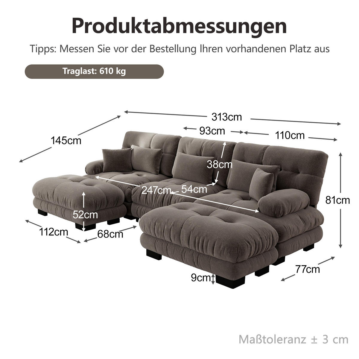 SOFA modular mit Ottomane U- oder L-Form Chenille Braun - Dunkelgrau, Kunststoff (145/81/313cm) - Meubliv