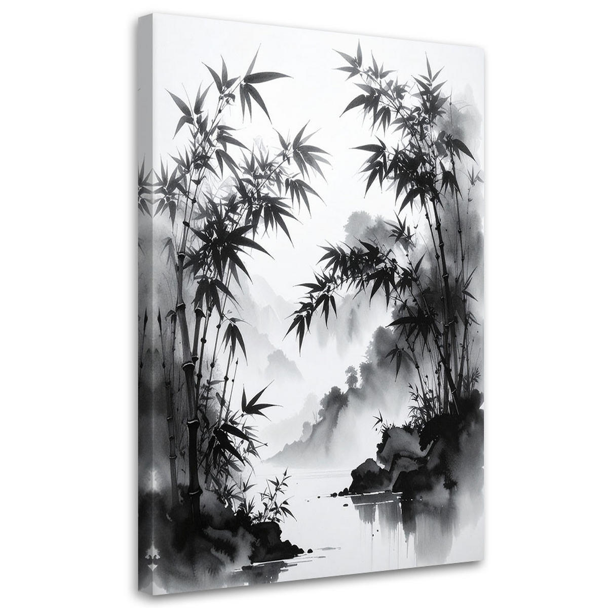 LEINWANDBILD Bambusblätter Landschaft Schwarz-Weiß 60x90cm - Schwarz, Textil (60/90cm) - Feeby
