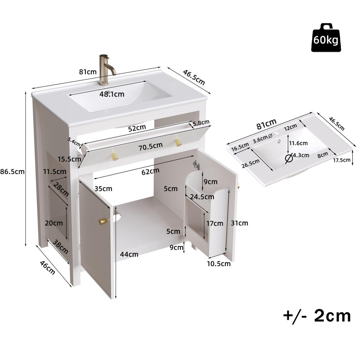 WEISSER Badezimmerunterschrank aus MDF 81x46,5x86,5 cm mit Keramikbecken, Soft-Close und modernem Stauraum - Weiß, Holzwerkstoff (81/86.5/46.5cm) - Modfu
