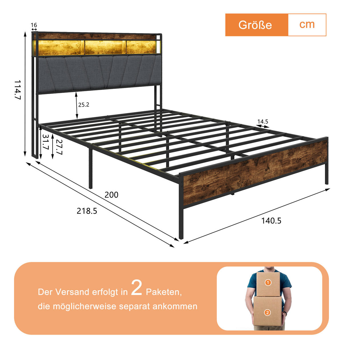 ČALÚNENÁ posteľ 140x200 cm s RGB LED, úložným čelom a USB - hnedá, drevo (140/200cm) - SHOPENTRA