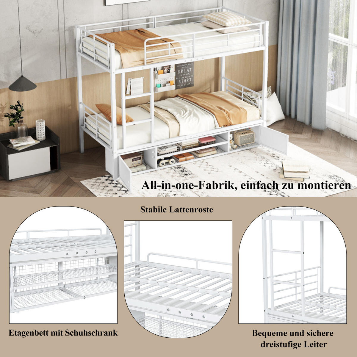 ETAGENBETT 90/200 cm aus Metall mit Schuhablage und 2 Schränken Weiß - Weiß, Metall (90/200cm) - Modenvie