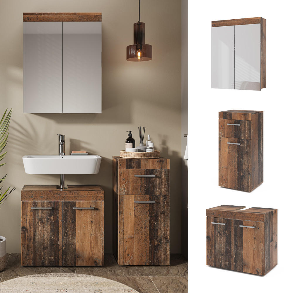 BADMÖBEL-SET Luna Oldstyle 3 Teile - Braun, Holzwerkstoff (60/56/34cm) - Vicco