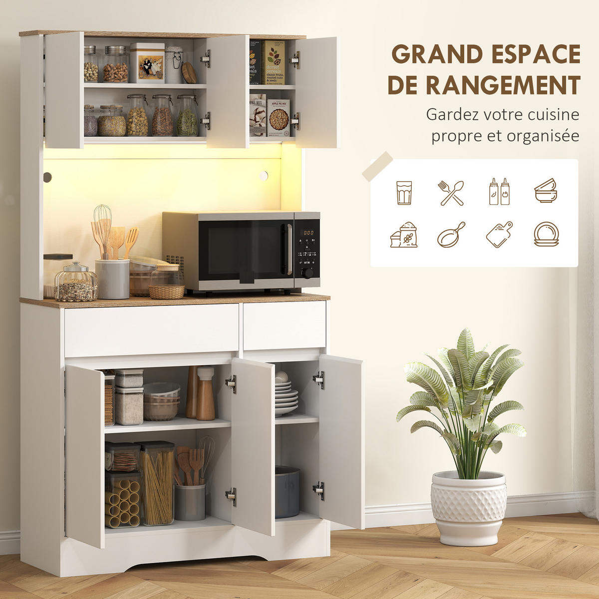 BUFFET DE-11308 LED-RGB, 6 Türen & 2 Schubladen mit Arbeitsplatte Weiß - Weiß, Holzwerkstoff (38/180/100cm) - ComfortXL