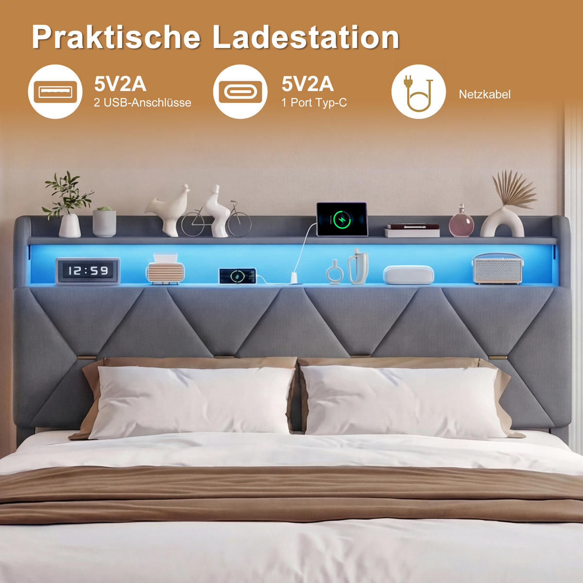 POLSTERBETT 160 x 200, Doppelbett mit Bettkasten und Lattenrost, Kopfteil, LED, USB, Samt, grau - Grau, Holzwerkstoff/Textil (160/200cm) - GENKI LIVING