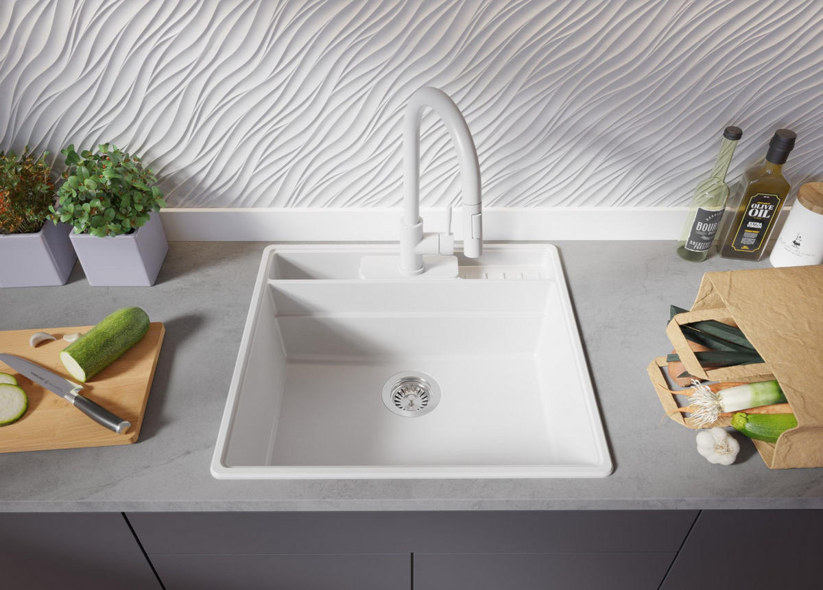 GRANITSPÜLE New York, 2-er set Weiß 58/53 cm 1 Becken + Küchenarmatur 40/20 cm + Ablauf-Set + Küchenzubehörset ab 60er Unterschrank - Chromfarben/Beige, Kunststoff (58/20/53cm) - Primagran