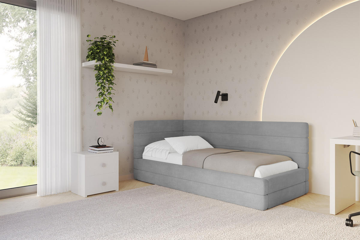 EINZELLBETT Jugendbett mit Bettkasten, Rechts - BEMY 90x200 Grau - Silberfarben, Holzwerkstoff/Textil (90/200cm) - ALTDECOR