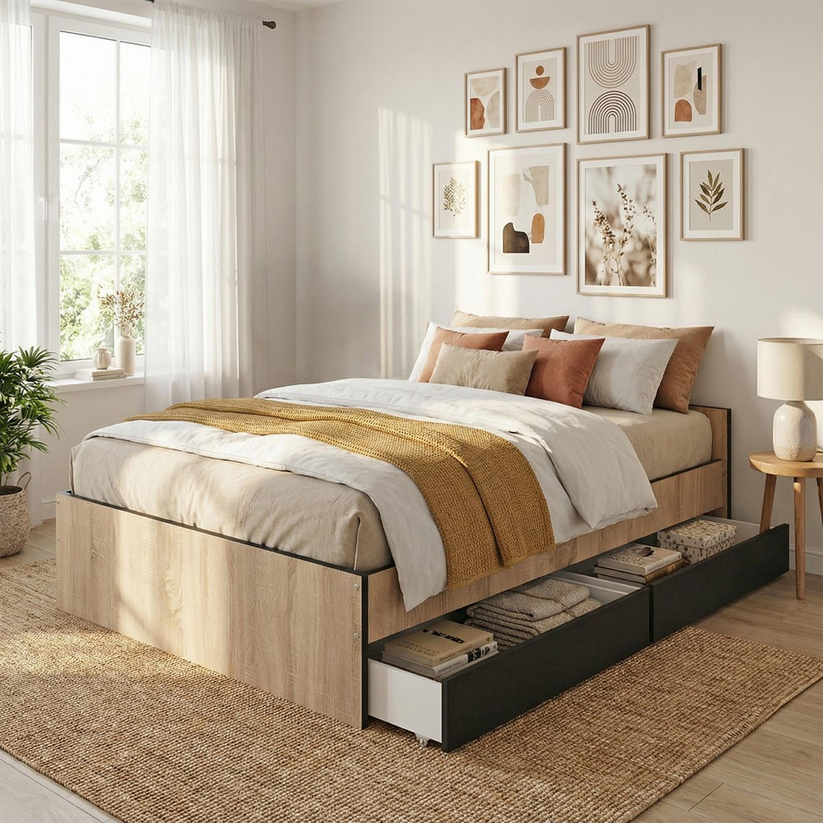 BETT KAPPA mit Schubladen/ Bett 140x190 - Schwarz & Eiche Gebleicht Dekor - Multicolor, Holzwerkstoff (140/190cm) - Weber Industries