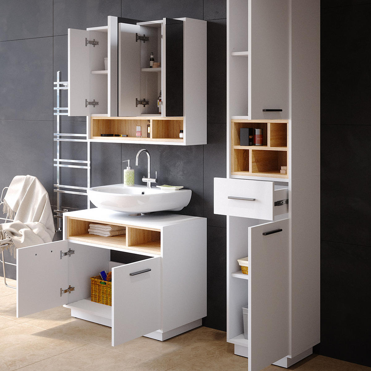 BADMÖBEL-SET Beatrice Weiß 3 Teile, mit Hochschrank - Weiß/Sonoma Eiche, Holzwerkstoff (80/64/40cm) - Vicco