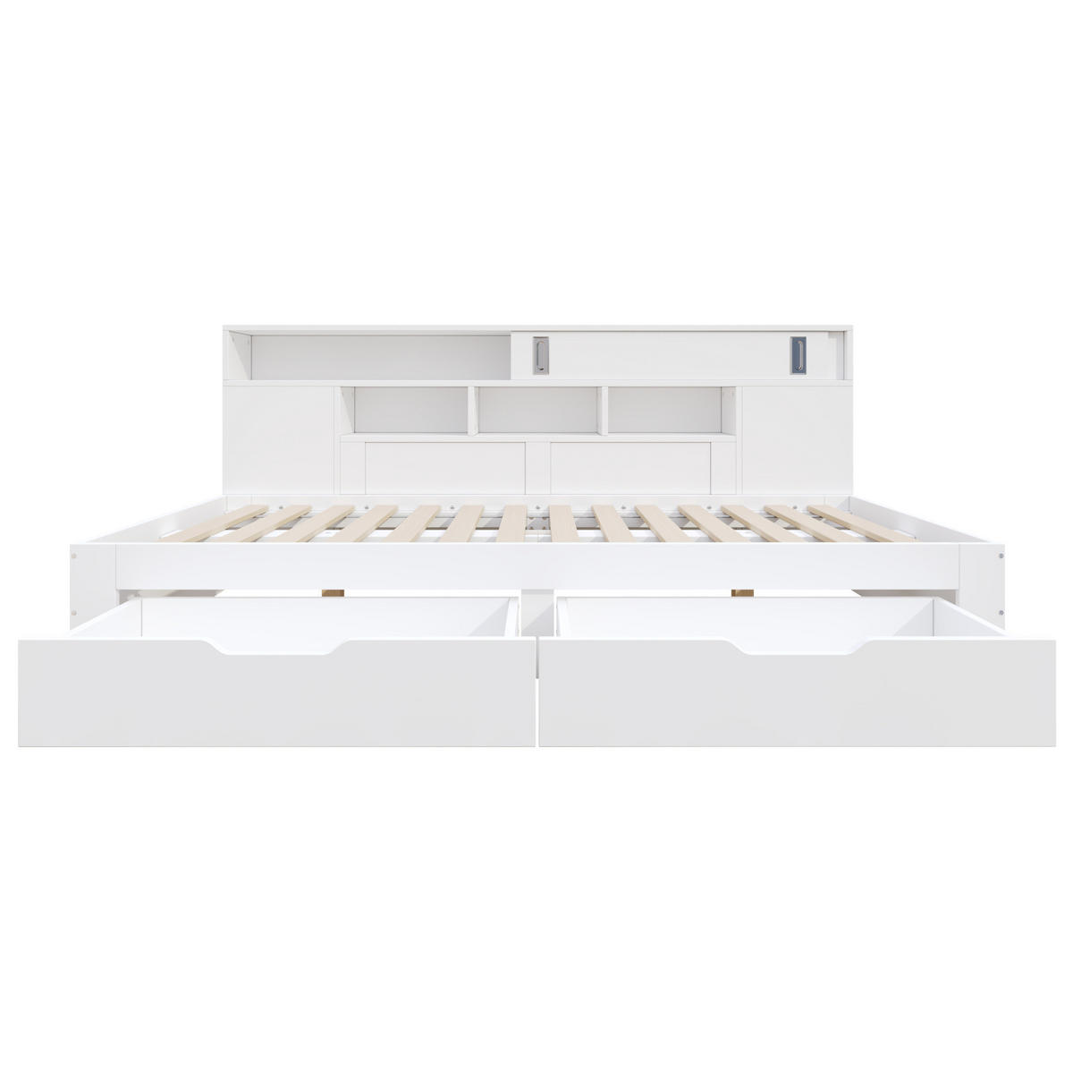 KINDERBETT aus MDF 90x200 cm Weiß mit 2 Schubladen, Schiebetürschrank, Regalwand und Lattenrost - Weiß, Holzwerkstoff (90/200cm) - Modfu