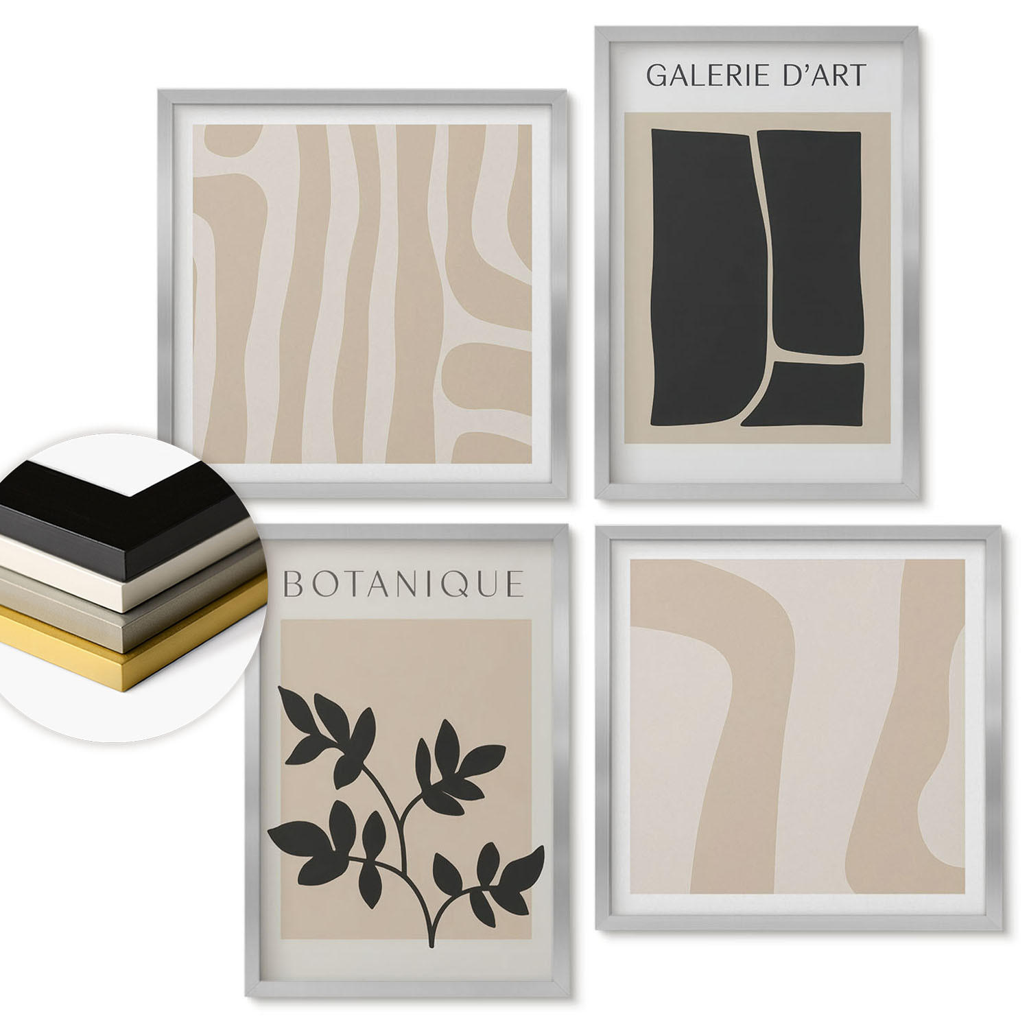 WANDBILDER 4er Set - 50x50 cm & 40x60 cm Silberner Rahmen - Abstrakte Pflanzenmotive - Silberfarben, Kunststoff (50/50cm) - ArtPrintCave