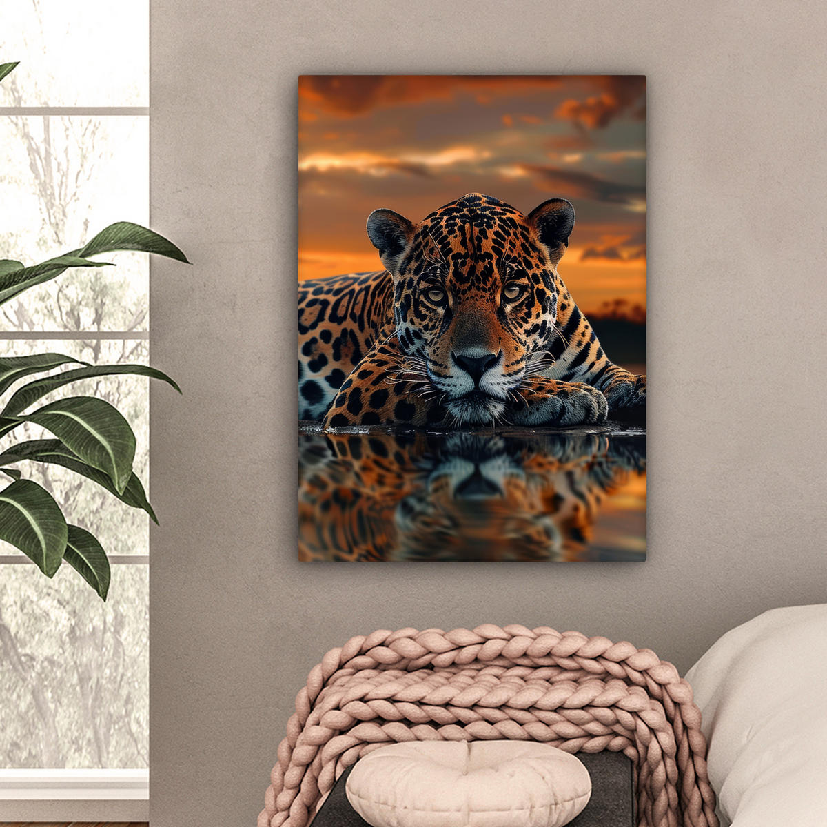LEINWANDBILD Natur - Leopard - Tier - Sonnenuntergang - Modern 60x80 cm - Orange, Textil (60/80cm) - MuchoWow