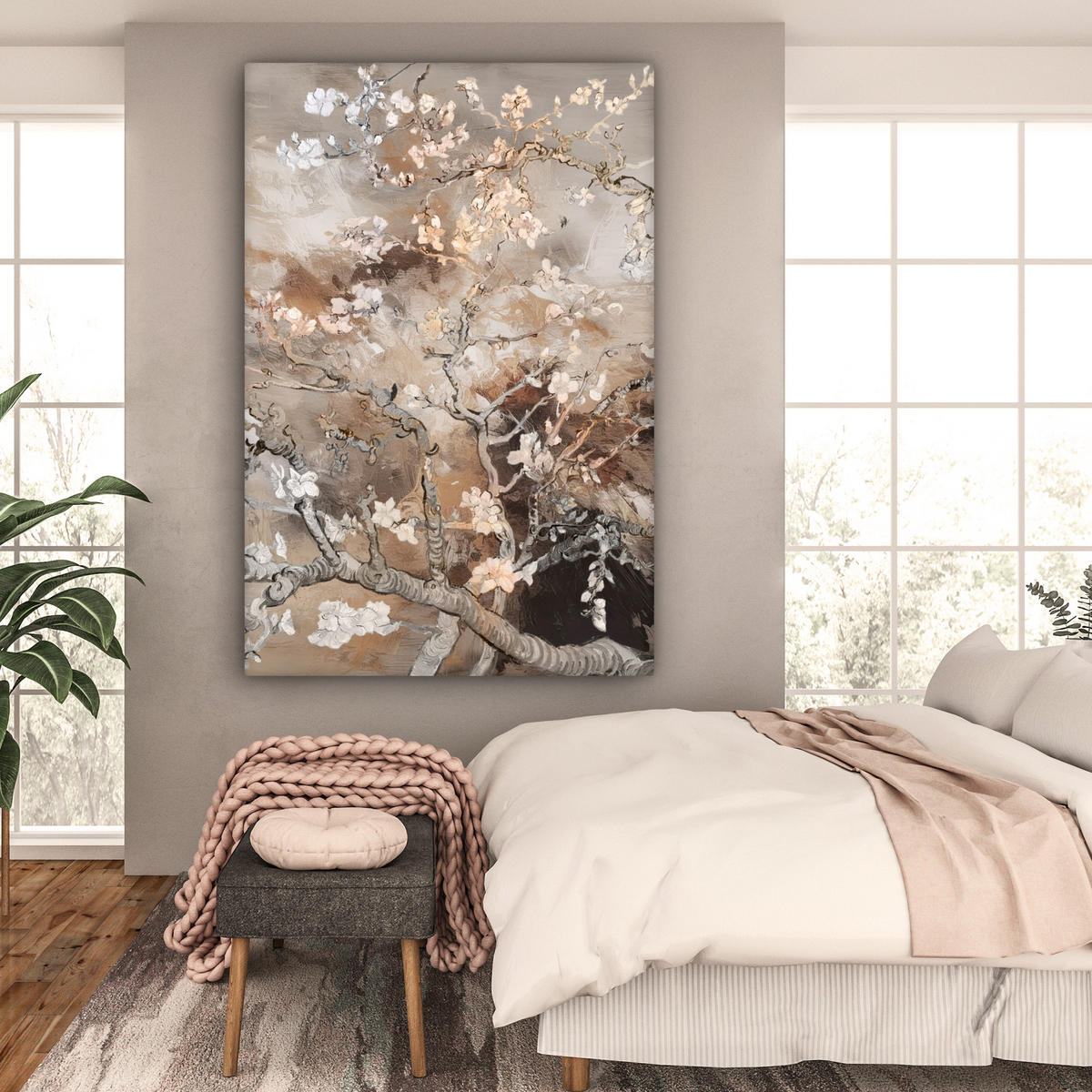 OBRAZ NA PLÁTNĚ Mandlový květ - Umění - Van Gogh - Béžová - Abstraktní 90x140 cm - hnědá, textil (90/140cm) - MuchoWow