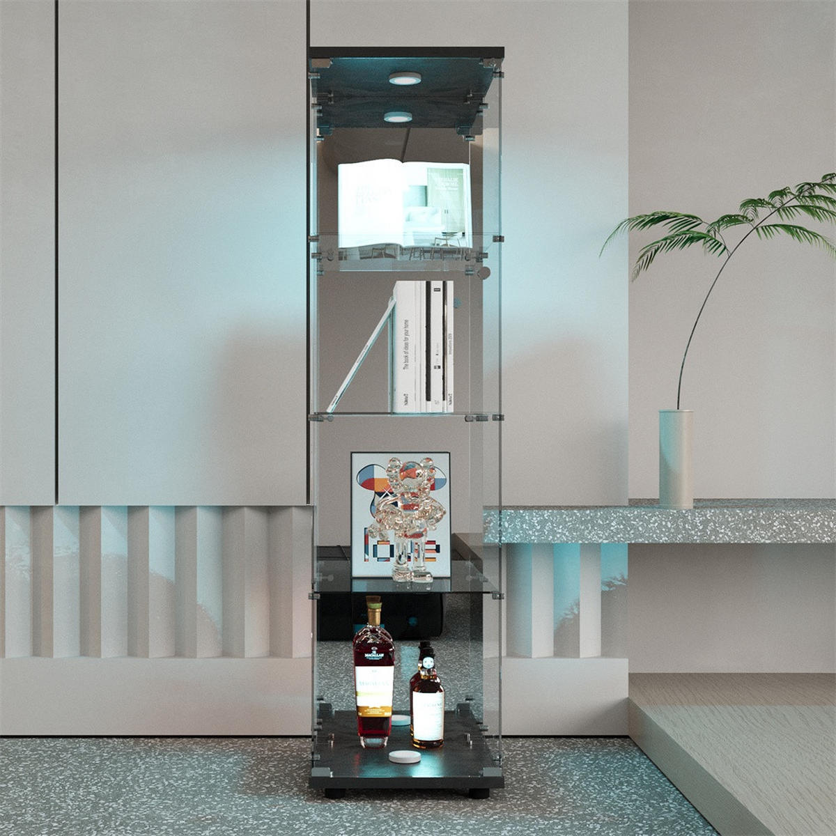 VITRINE - Glasvitrine mit 4 Ebenen - integrierte LED-Beleuchtung - Schwarzer Holzboden - Schwarz, Glas (42.5/164/36.5cm) - DELFA
