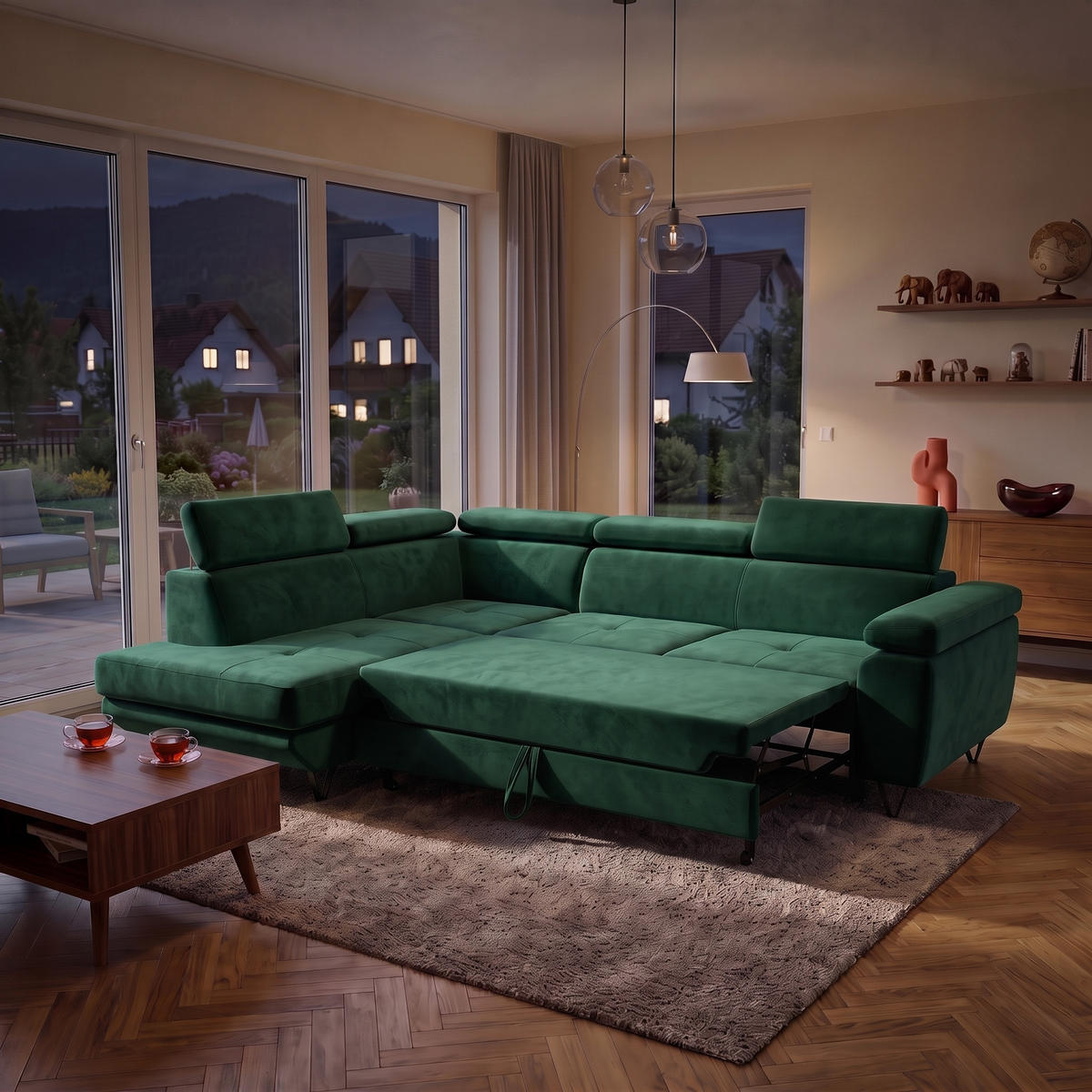 ECKSOFA JUNIOR L Links mit Schlaffunktion 194x128 Velours Dunkelgrün - Dunkelgrün/Schwarz, Holz/Textil (249/184cm) - Muffo