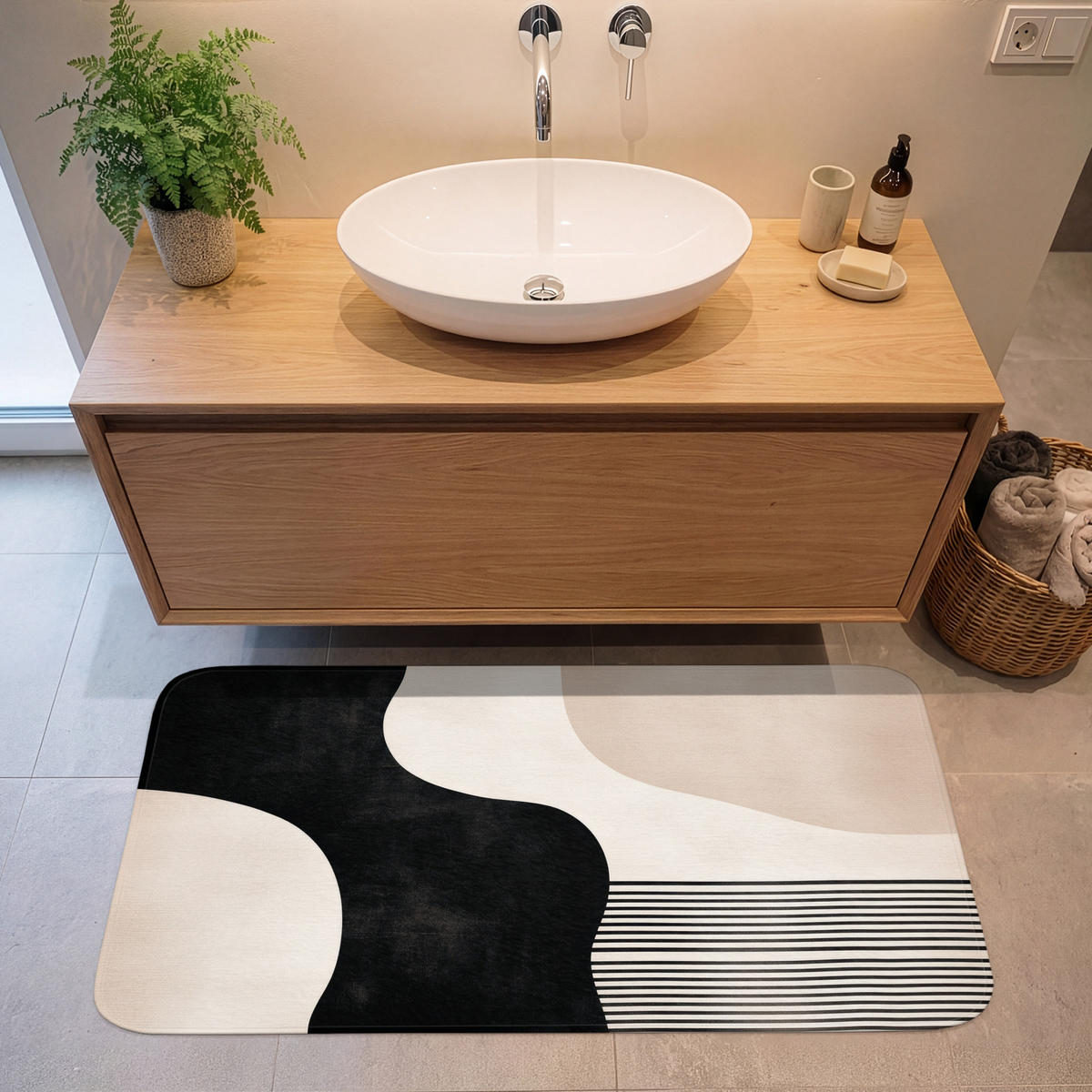 KÚPEĽŇOVÁ PREDLOŽKA Abstraktné - Japonské - Béžové - Moderné 120x60 cm - čierna/béžová, textil/plast (120/60cm) - OnlyWow