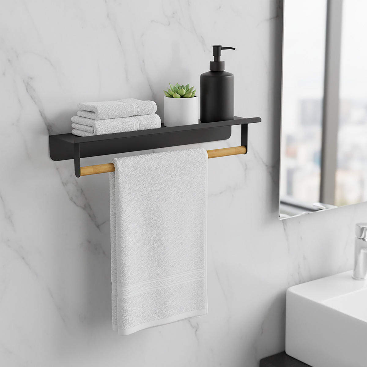 VEŠIAK na uteráky - čierna, kov/drevo (45/9/8cm) - Relaxdays