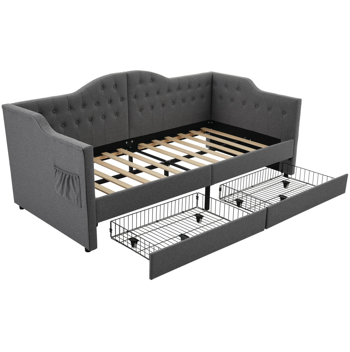 POLSTERBETT 90/200 cm mit 2 Schubladen, USB/Type-C & getufteter Lehne, Grau - Grau, Textil (90/200cm) - Redom