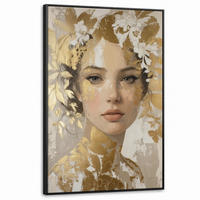 LEINWAND Bilder mit Rahmen - Gesicht - Frau - Blätter - Gold - 80x120 - Beige, Textil (80/120cm) - MuchoWow