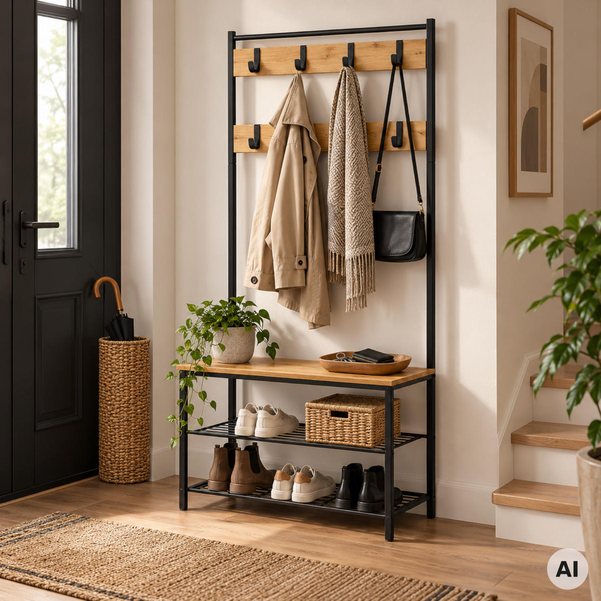 GARDEROBENSTÄNDER Eiche Schwarz 70x32x175 cm mit Sitzbank 8 Haken - Eichefarben/Schwarz, Holzwerkstoff/Metall (70/175/32cm) - Begryf