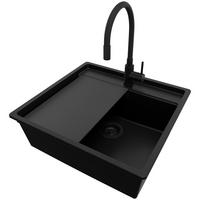 UNTERBAUSPÜLE GRANIT Bergen, 2-er set Alles Schwarz 56/53 cm 1 Becken + Küchenarmatur 40/38 cm + Ablauf-Set + Schneidebrett ab 60er Unterschrank - Schwarz, Kunststoff (56/20/53cm) - Primagran