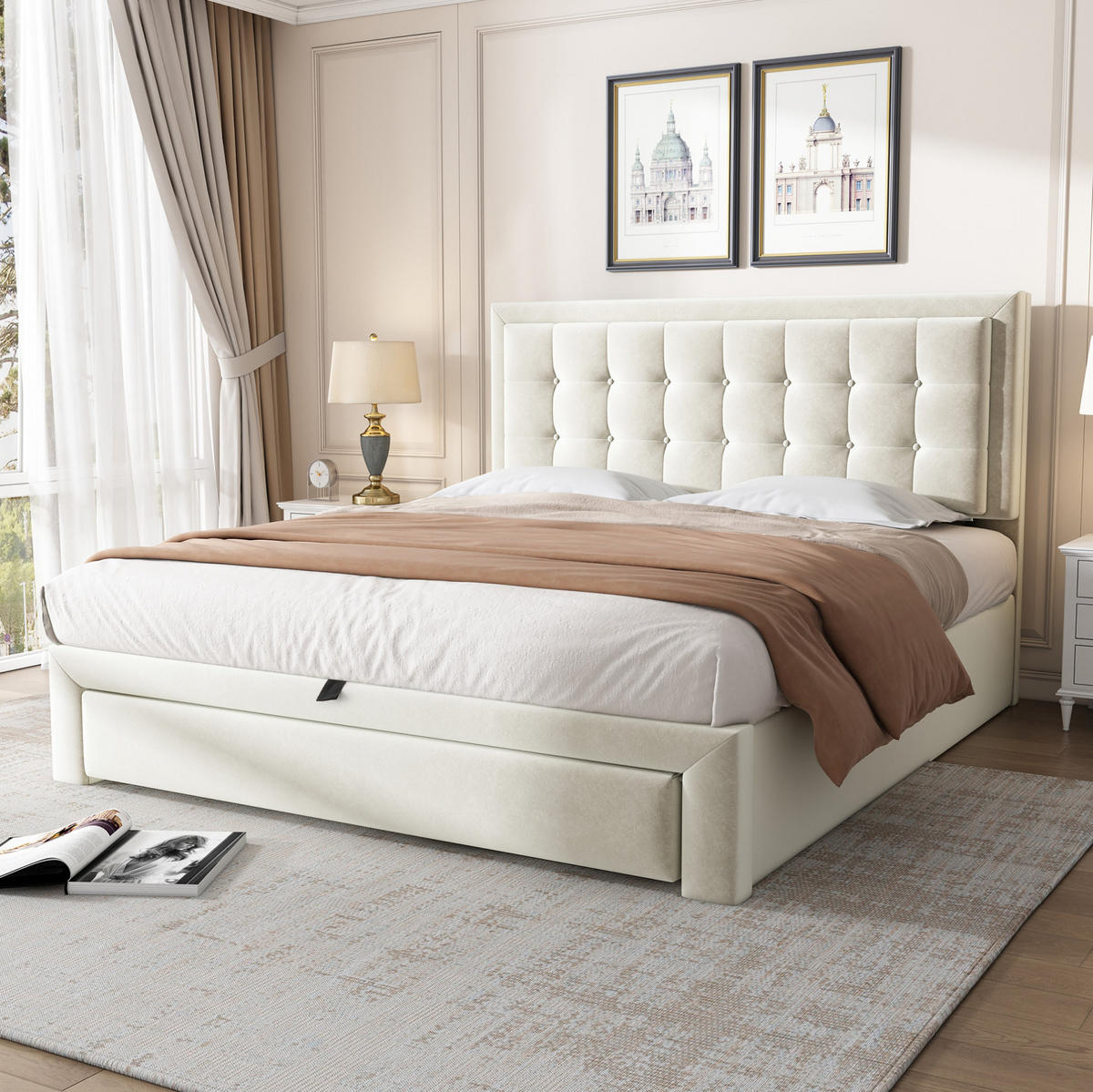 SAMT-POLSTERBETT 140/200 cm mit Stauraum und verstellbarem Kopfteil - Beige, Textil (140/200cm) - BEAOK