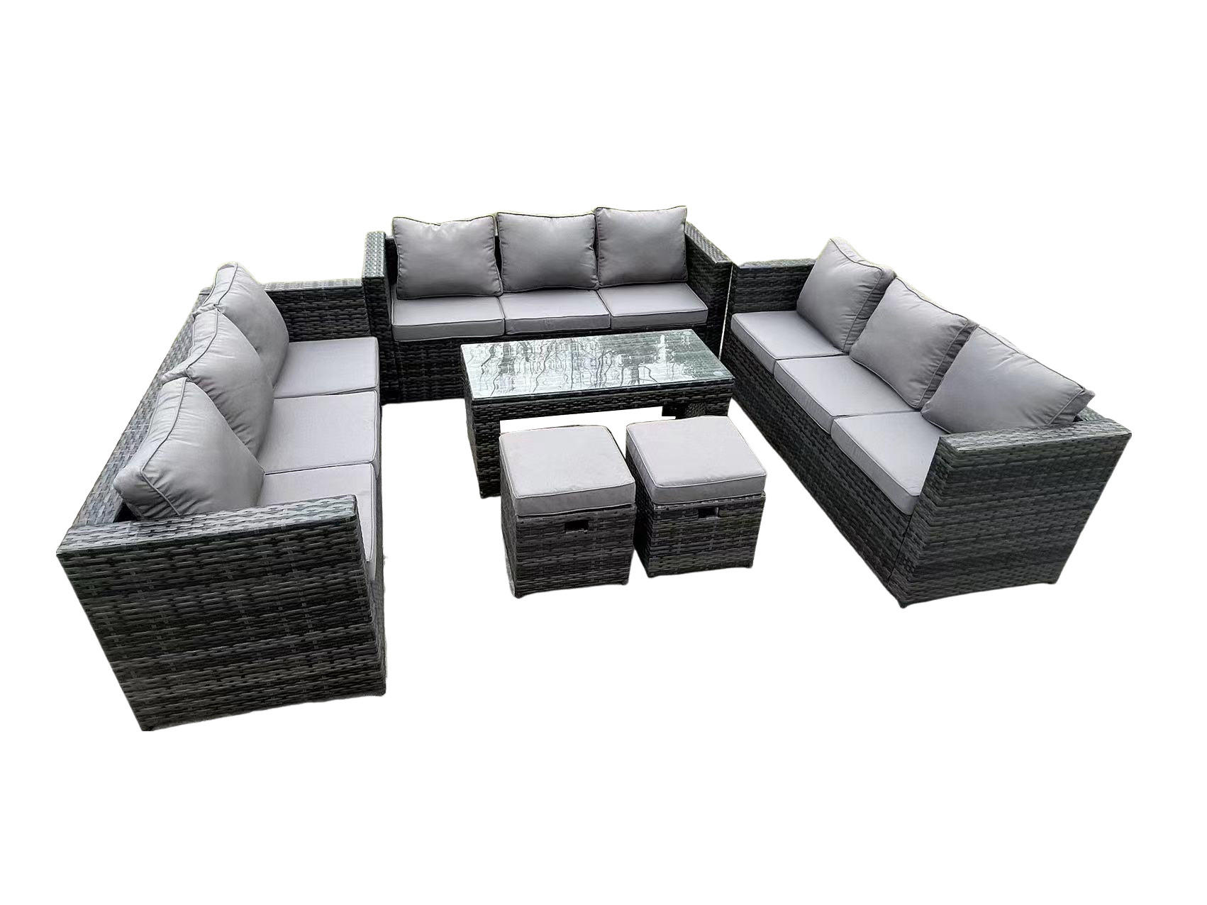 GARTENSET Polyrattan 11-Sitzer - Dunkelgrau/Grau, Glas/Kunststoff - Fimous