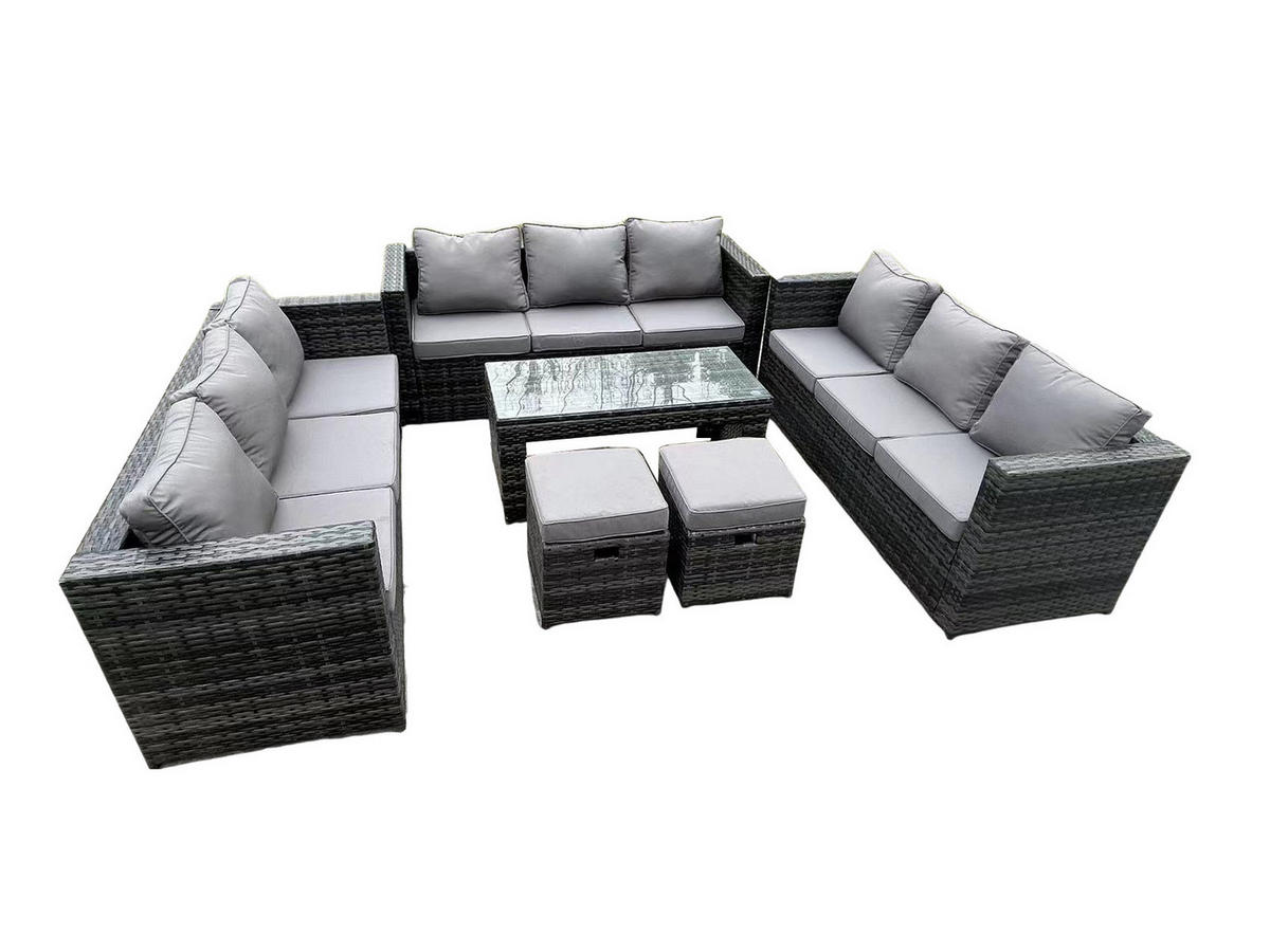 GARTENSET Polyrattan 11-Sitzer - Dunkelgrau/Grau, Glas/Kunststoff - Fimous