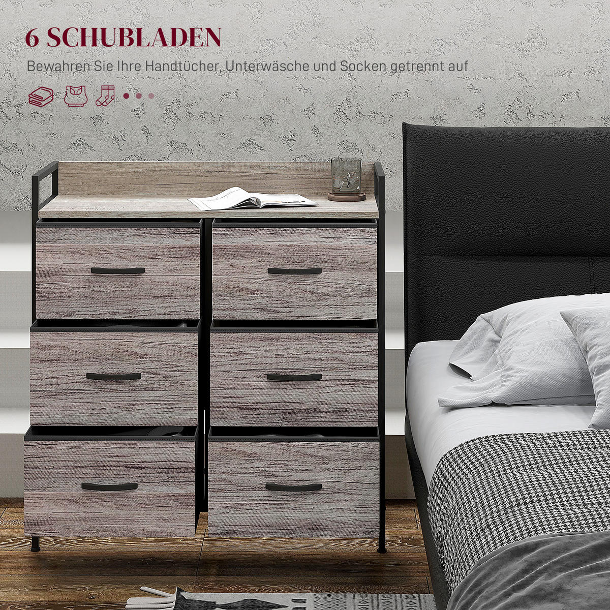 KOMMODE mit 6 Schubladen aus Stoff Aufbewahrungsschrank mit Holzoptik Grau - Grau, Textil (29/85/79cm) - HOMCOM