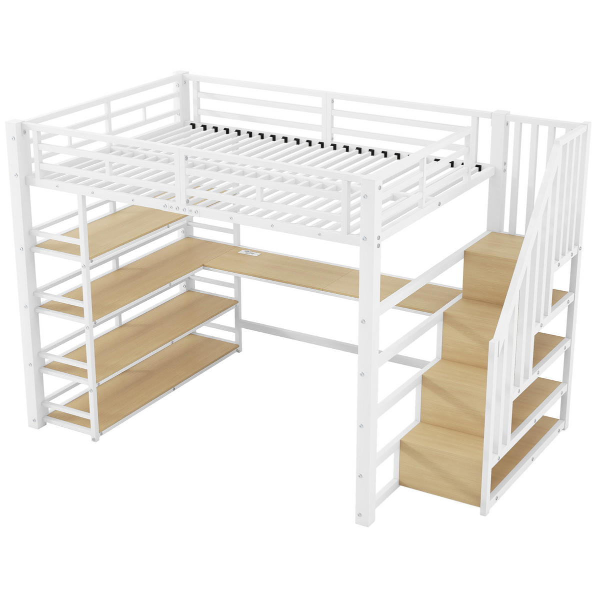 VYSOKÁ posteľ 140/200 cm biela z MDF a kovu s písacím stolom schodmi úložným priestorom USB a LED - biela, kompozitné drevo (140/200cm) - OKWISH