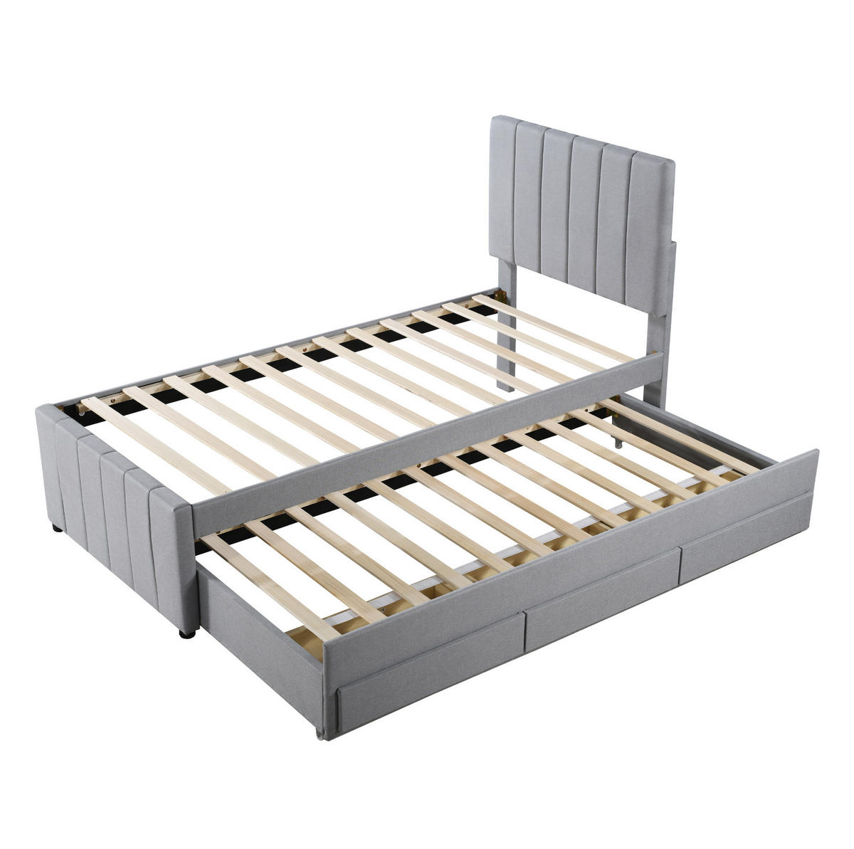 POLSTERBETT 90/200 cm mit Rollbett, 3 Schubladen und verstellbarem Kopfteil - Grau, Textil (90/200cm) - BEAOK