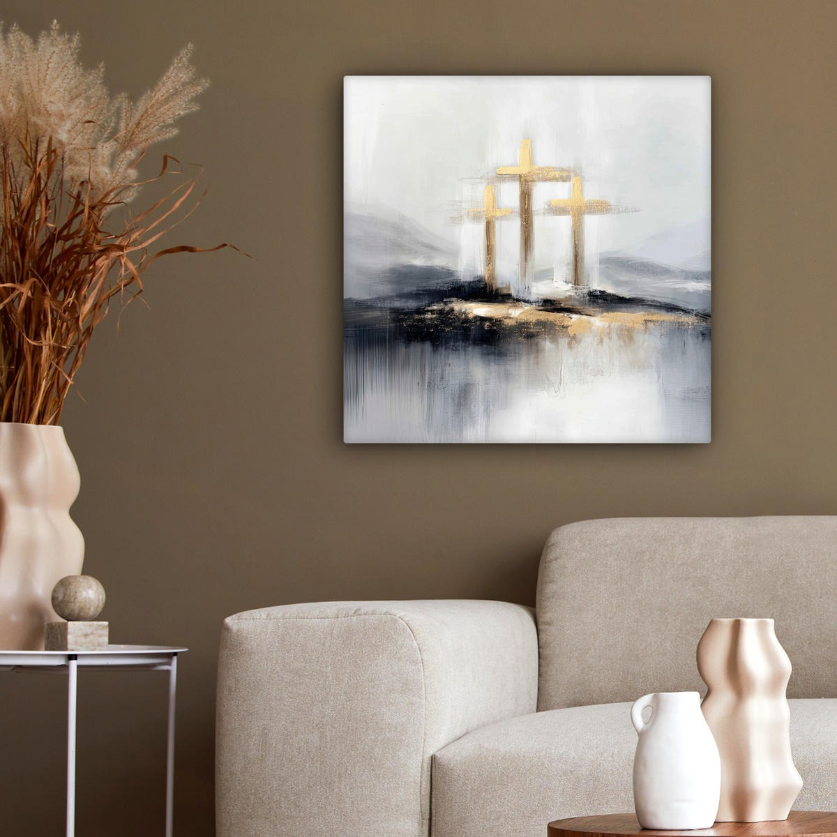 LEINWANDBILD Abstrakt - Malerei - Christentum - Kreuz Wandbild Wohnzimmer 50x50 cm - Weiß, Textil (50/50cm) - MuchoWow