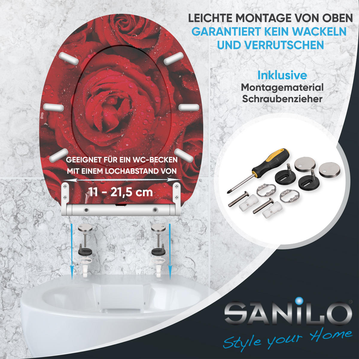 WC-SITZ mit Absenkautomatik & Top Fix Rosen - Rot, Holzwerkstoff (37.7/5.5/48cm) - Sanilo