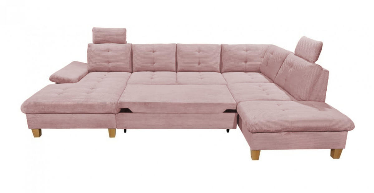 WOHNLANDSCHAFT mit Schlaffunktion und Bettkasten, Cord - Birkefarben/Rosa, Textil (225/107/324cm) - ed exciting design
