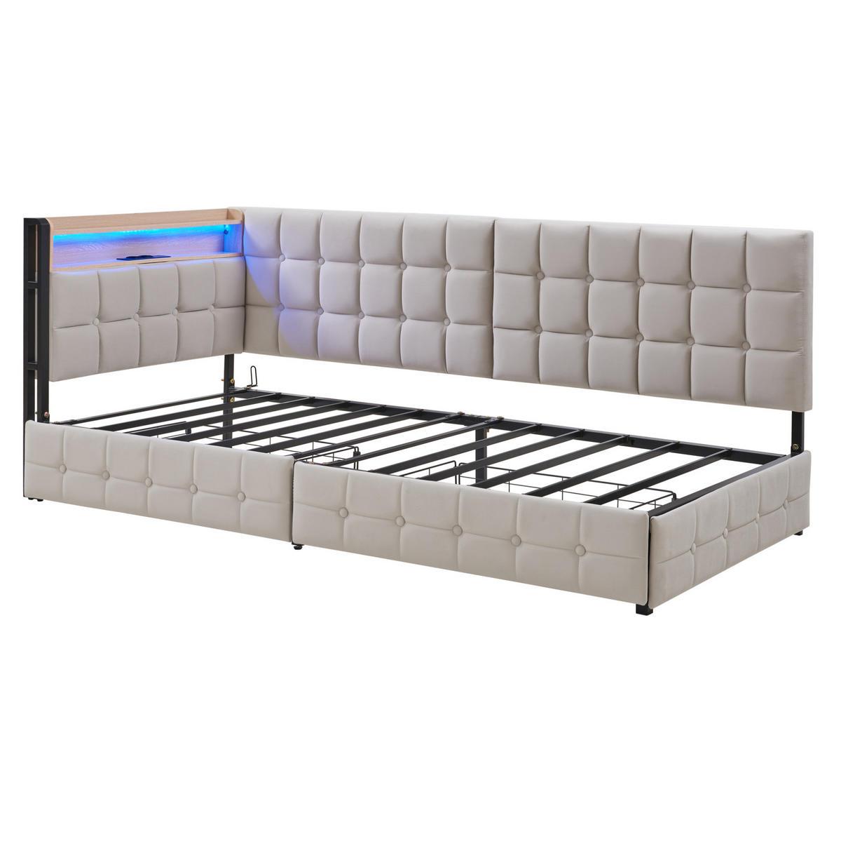 POLSTERBETT 90/200 cm Beige aus Samt mit 2 Schubladen und LED-Beleuchtung - Beige, Textil (90/200cm) - OKMYHOME