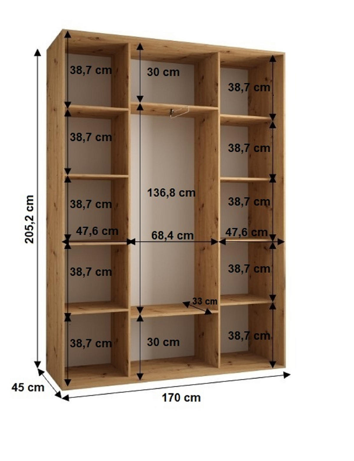 SCHWEBETÜRENSCHRANK 205,2/170/45 3-türig - Schwarz/Eiche Artisan, Holz/Metall (170/205.2/45cm) - Abiks Möbel