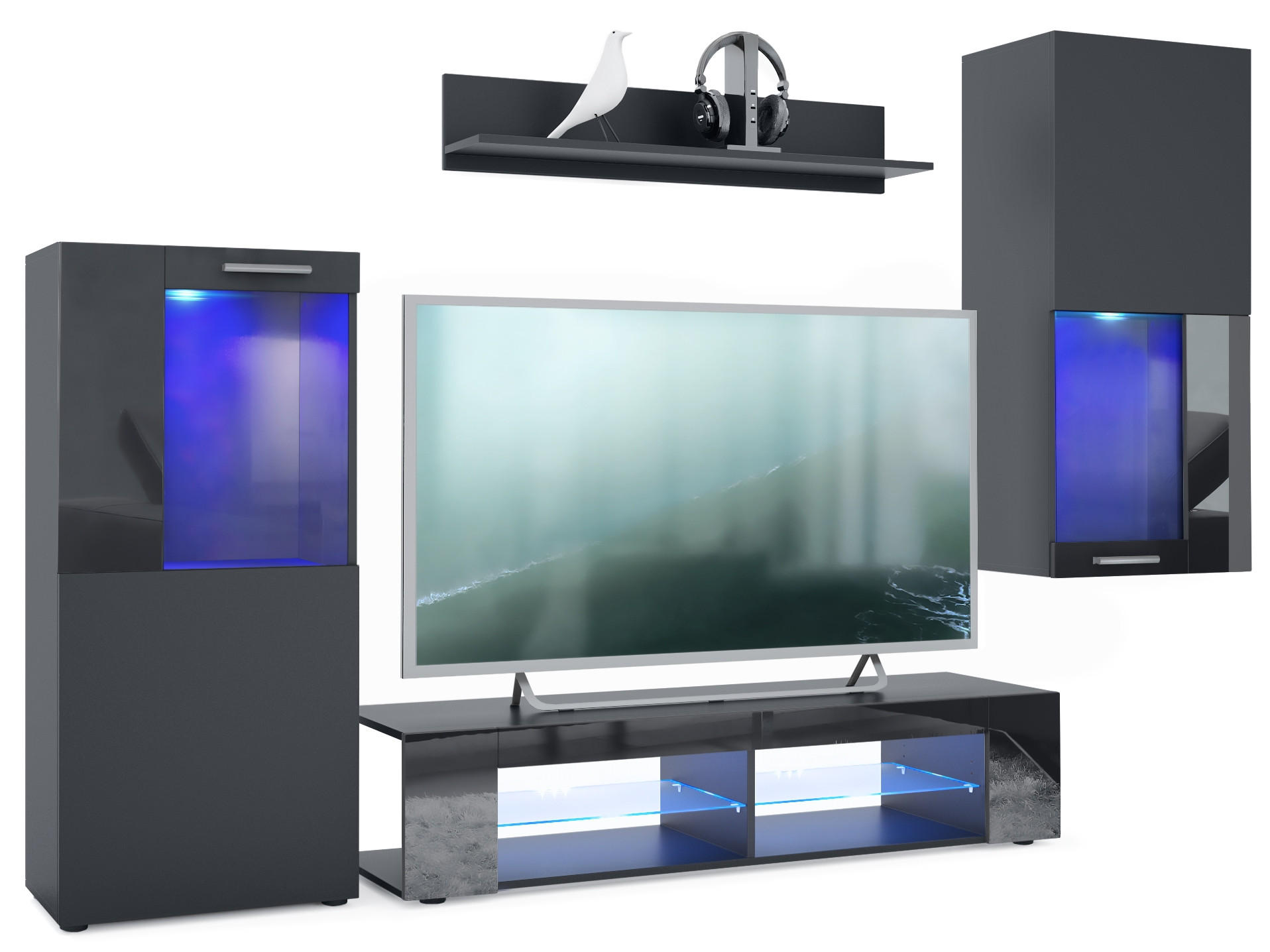 WOHNWAND Movie Absetzungen in Schwarz Hochglanz - Schwarz Hochglanz, Holzwerkstoff (300/190/39cm) - Vladon