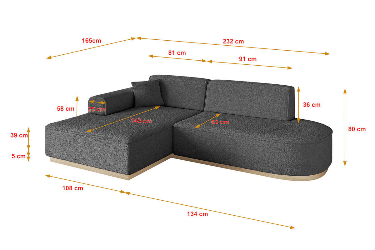ECKSOFA Ottomane Links IREA-L1 - 232x165x80 cm Grau - Olivgrün, Holzwerkstoff/Textil (232/165cm) - ALTDECOR