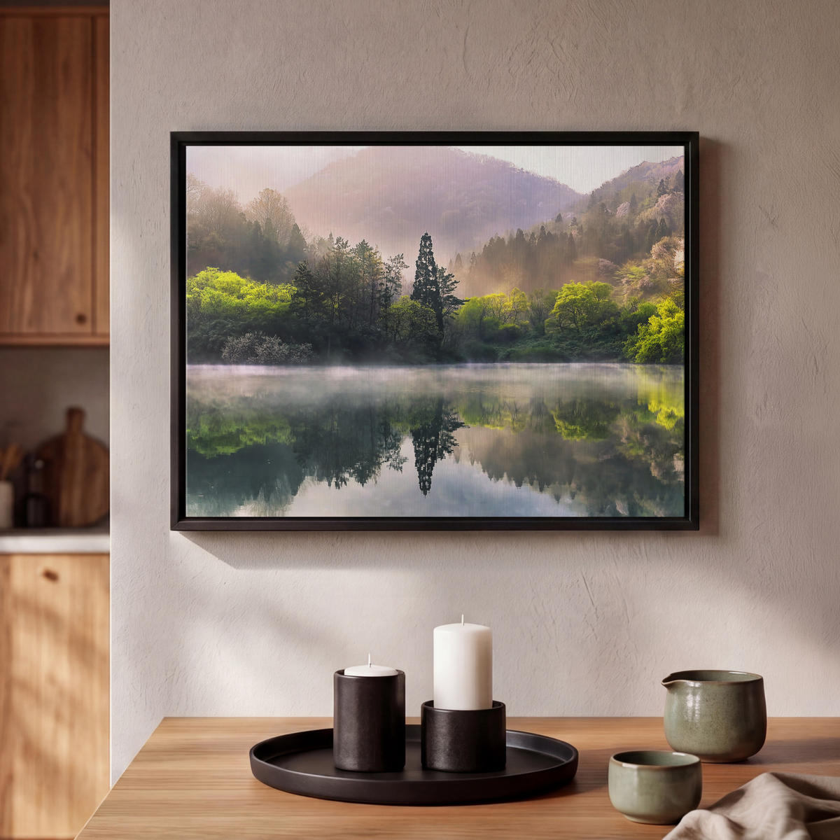 LEINWAND Bilder mit Rahmen - Natur - Bäume - Berge - See - Wasser - 40x30 - Hellgrün, Textil (40/30cm) - MuchoWow