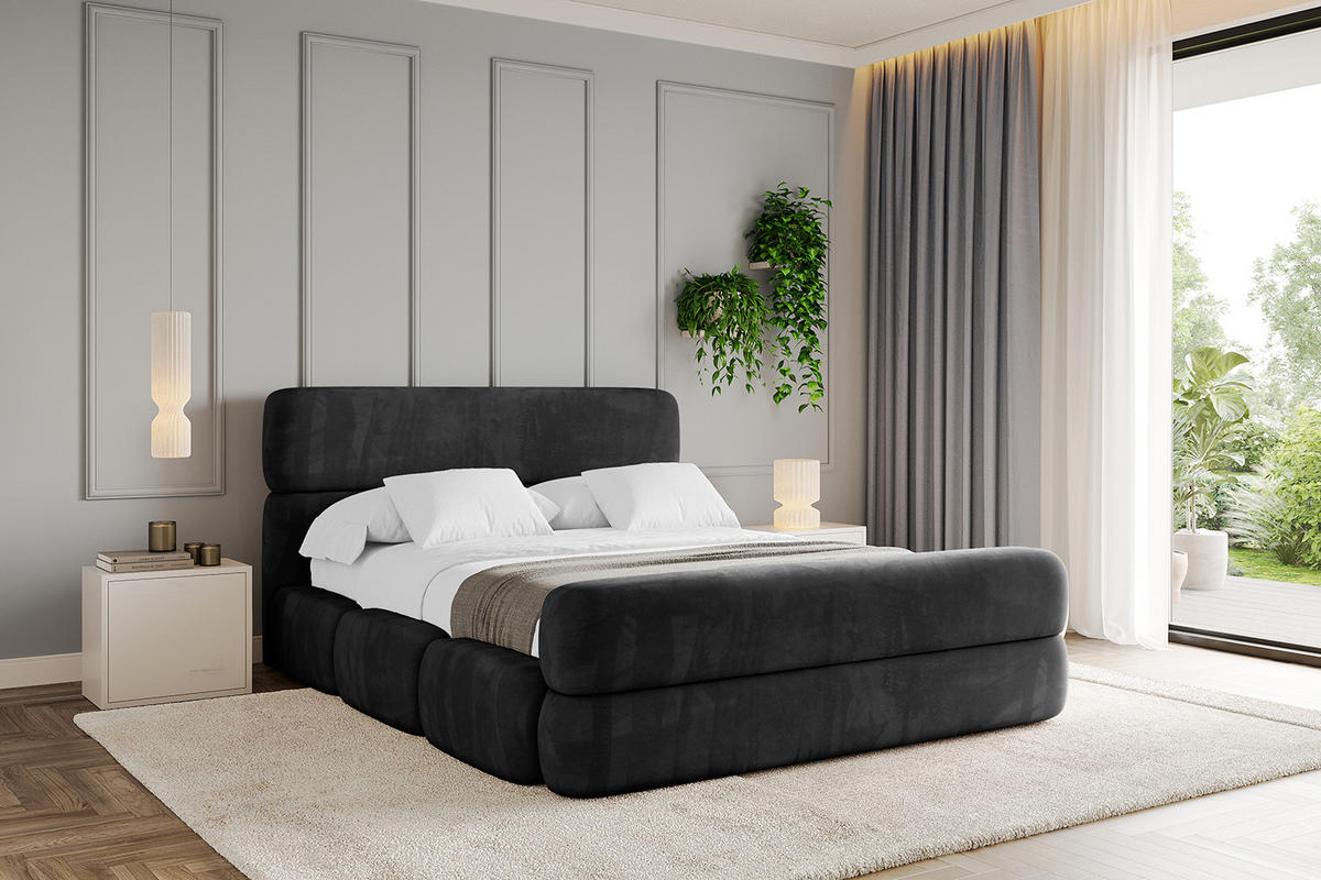 POLSTERBETT mit Bettkasten, Fußteil und Lattenrost, Bett mit Matratze H3/H4 - ELVA-Z 180x200 Schwarz - Schwarz, Holzwerkstoff/Textil (180/200cm) - ALTDECOR