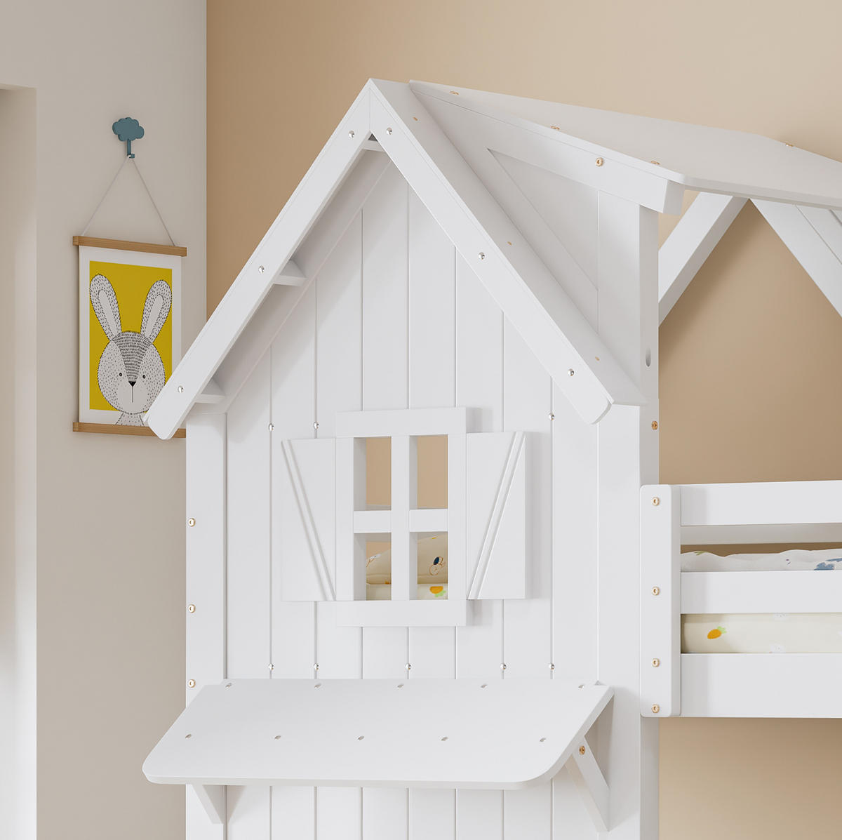 PATROVÁ postel 90/200 cm bílá s krásnými okny a bočními bezpečnostními zábradlími - bílá, kompozitní dřevo (90/200cm) - OKWISH