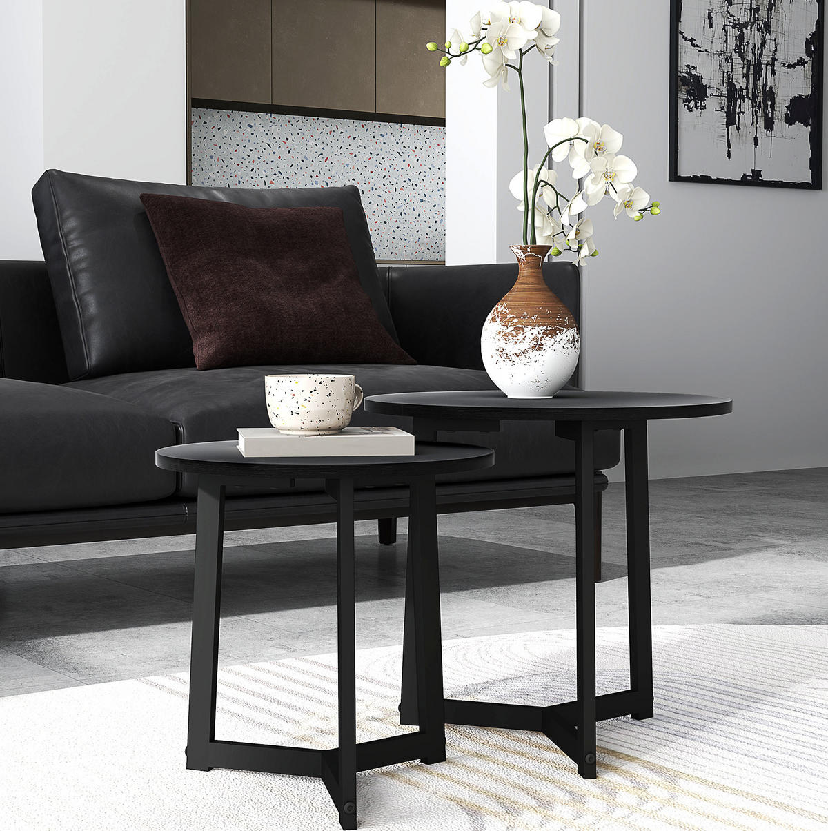 COUCHTISCH-SET 48/48/45 cm, ineinanderschiebbar mit Stahlgestell und MDF-Platte, Schwarz - Schwarz, Metall (48/48/45cm) - Redom