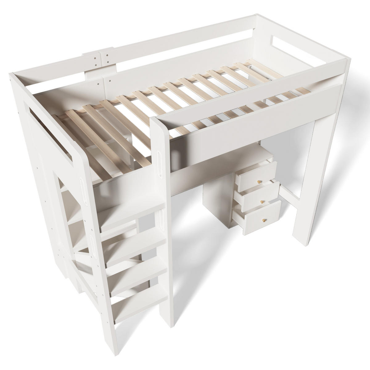 KINDEREINZELBETTEN aus MDF und Spanplatte 90x200 cm in Weiß mit Schreibtisch & USB/Type-C - Weiß, Holzwerkstoff (90/200cm) - Modfu