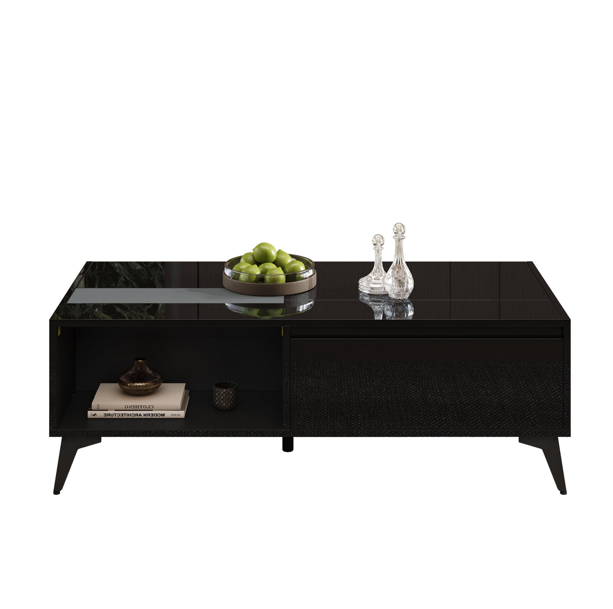 COUCHTISCH 110/50/48 cm Schwarz Hochglanz mit Hebemechanismus und Stauraum - Schwarz, Holzwerkstoff (110/50/48cm) - OKWISH