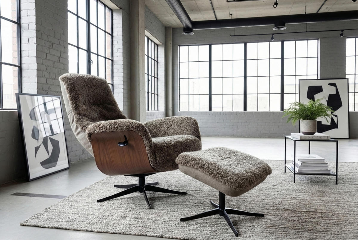 RELAXSESSEL SILVA Beige Schaffell Relaxfunktion - Beige/Schwarz, Naturmaterialen/Fell (77/106/86cm) - KAWOLA