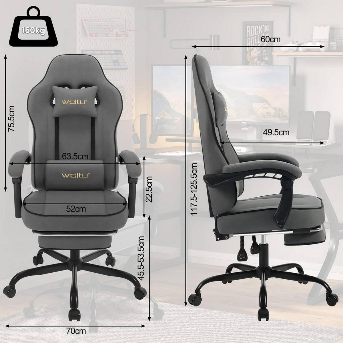 GAMINGSTUHL Drehstuhl, Tech-Stoff, Grau - Schwarz/Grau, Kunststoff/Textil (63.5/117.5/60cm) - Woltu
