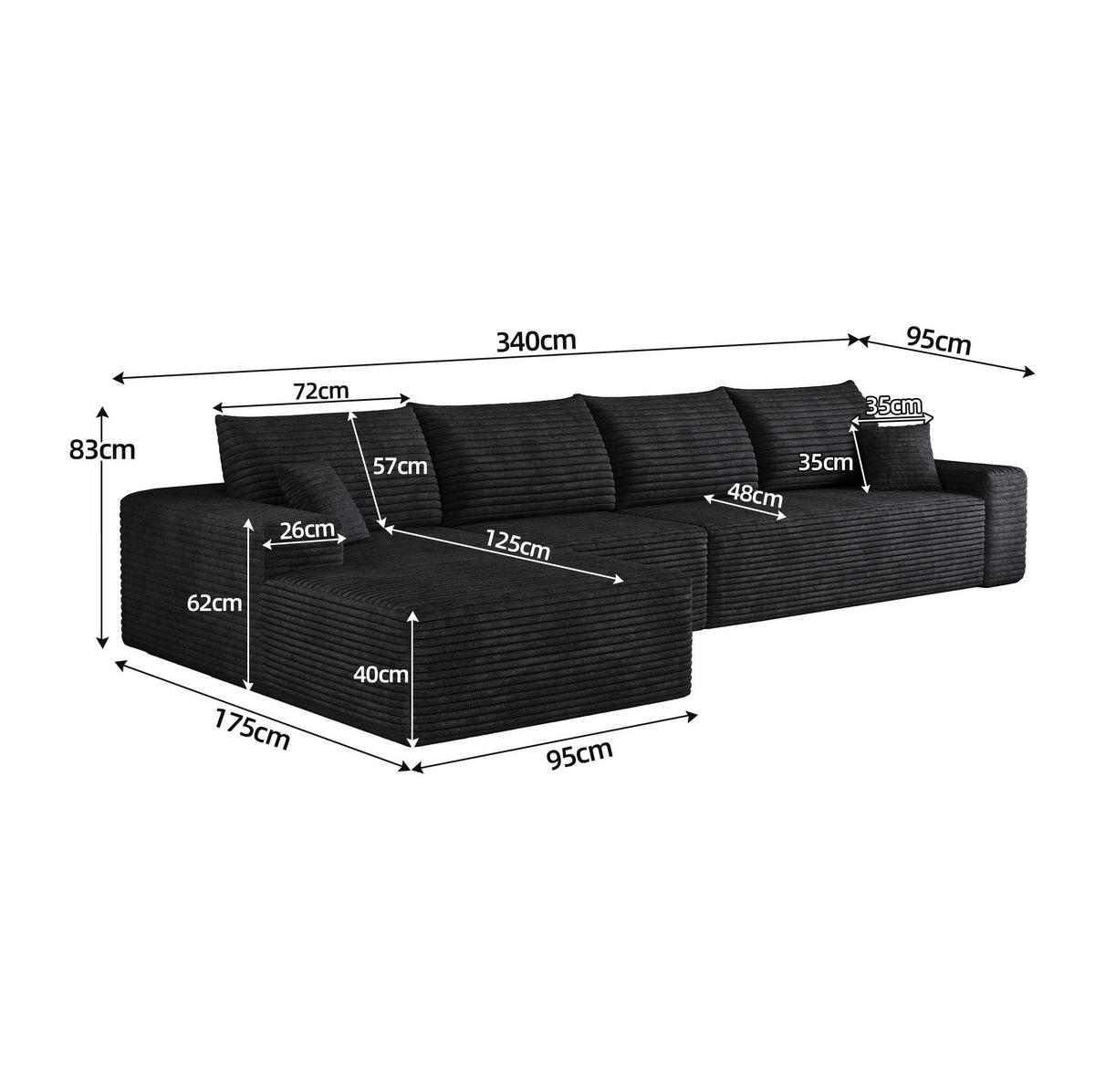 SOFA modular 340 cm Schwarz, ohne Montage - Schwarz, Kunststoff (175/270cm) - Meubliv
