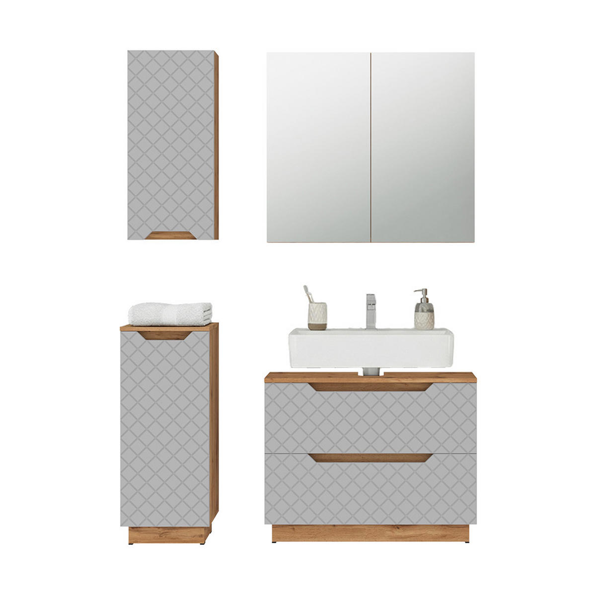 BADMÖBEL-SET Lotta Eiche/Grau mit Kachelstruktur 4 Teile - Eichefarben/Grau, Holzwerkstoff (79.6/62.5/32cm) - Vicco