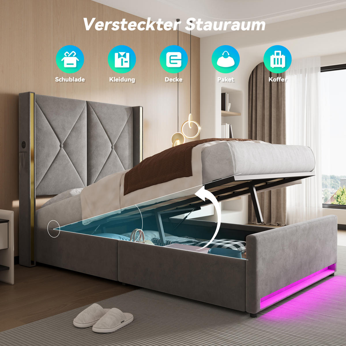 POLSTERBETT 90/200 cm in Dunkelgrau Samt mit Bettkasten, LED, USB und Type-C - Dunkelgrau, Holzwerkstoff/Textil (90/200cm) - WISHDOR