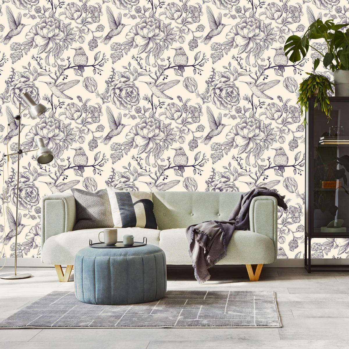 VLIESTAPETE Kolibris und Blüten – Grau, Creme – 50x1000 cm - Creme/Grau, Papier (50/1000cm) - Muralo