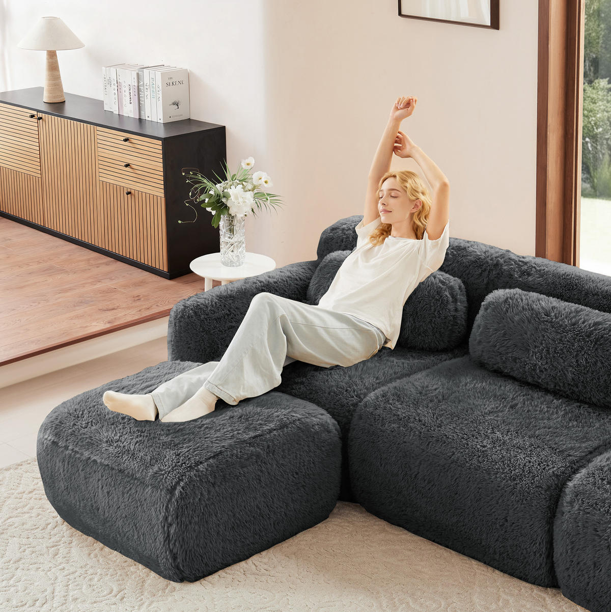 ECKSOFA 291/179/73 cm grau aus Plüsch modular rahmenlos mit Kissen - Grau, Textil (179/291cm) - OKWISH